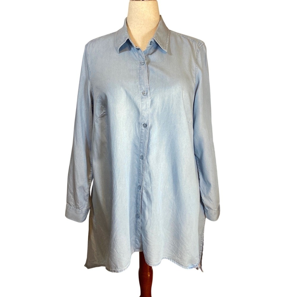 Zac & Rachel Woman Pastel Blue Lyocell Shark Bite Tunic Shirt 1X